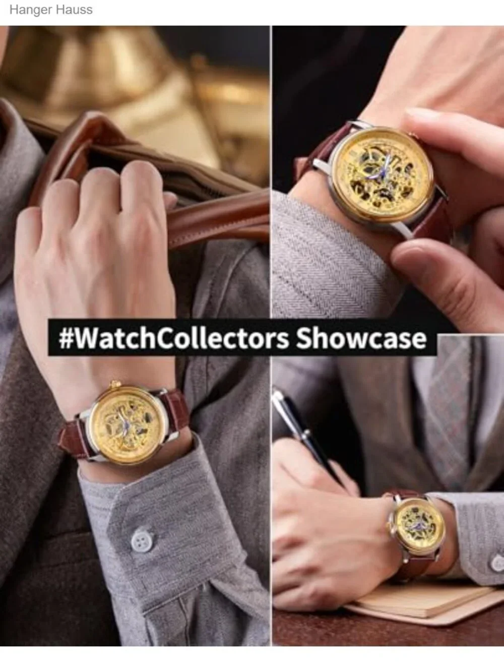 Men's Automatic Skeleton Watch Gold Stainless Steel Brown Leather Strap